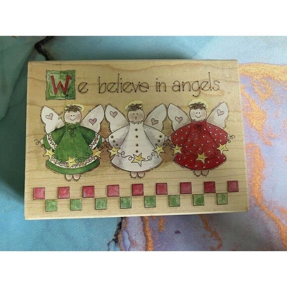 Christmas Holiday Stamps Happen - We Believe in Angels Wooden Stamp 4" x 5.5" - Picture 1 of 6